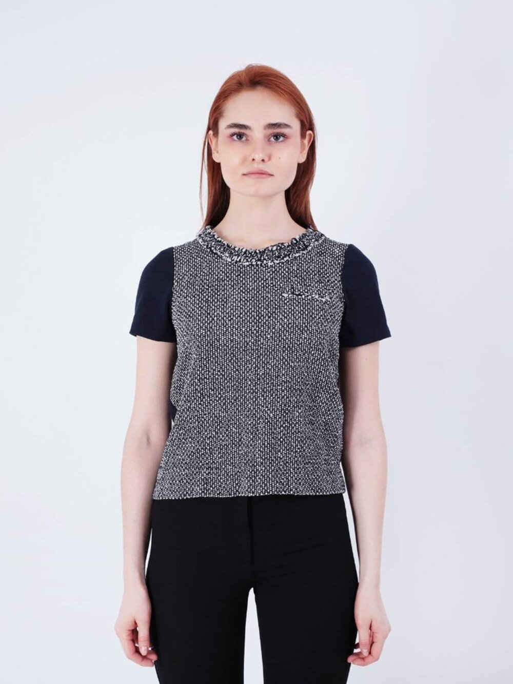 NWT J. Crew Navy White Silk Blend Tweed Blouse Size Small